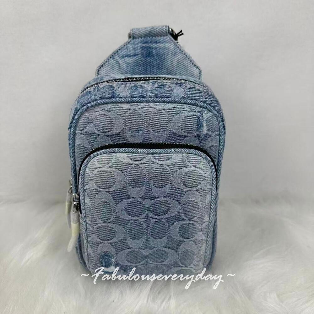 Coach Men Racer Sling Pack In Loved Signature Denim CET95 Silver/Light Indigo
